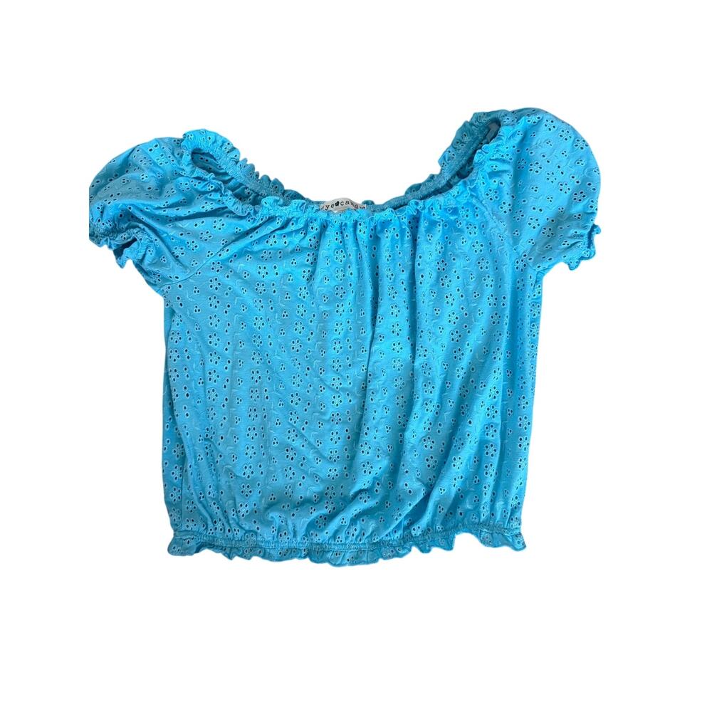 Eye Candy Eyelet Crop Top Blue Short Puff Sleeve Off Shoulder Ruffle Waist
